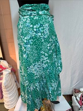No Boundaries Green Floral Wrap Maxi Skirt with Blue & White Accents